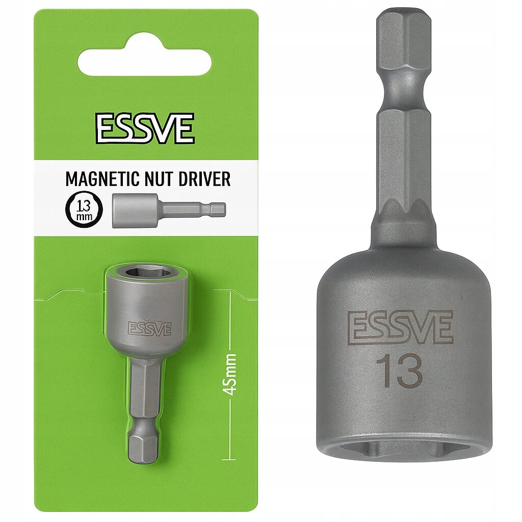 Na zielonym tle widoczny jest uchwyt do bitów z napisem \'ESSVE 13\'. Obok znajduje się opakowanie z tekstem \'ESSVE MAGNETIC NUT DRIVER 13 mm 45 mm\'.