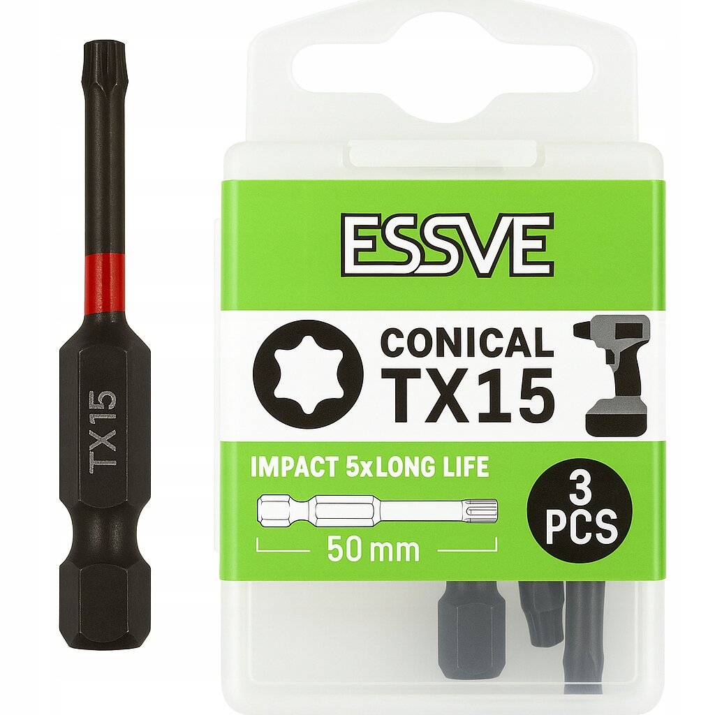 Na obrazie widoczny jest zestaw bitów Essve Impact Tx15 50 mm Stożkowe 3 szt. Opakowanie jest zielono-białe z napisem \'ESSVE CONICAL TX15 IMPACT 5x LONG LIFE 50 mm 3 PCS\'.
