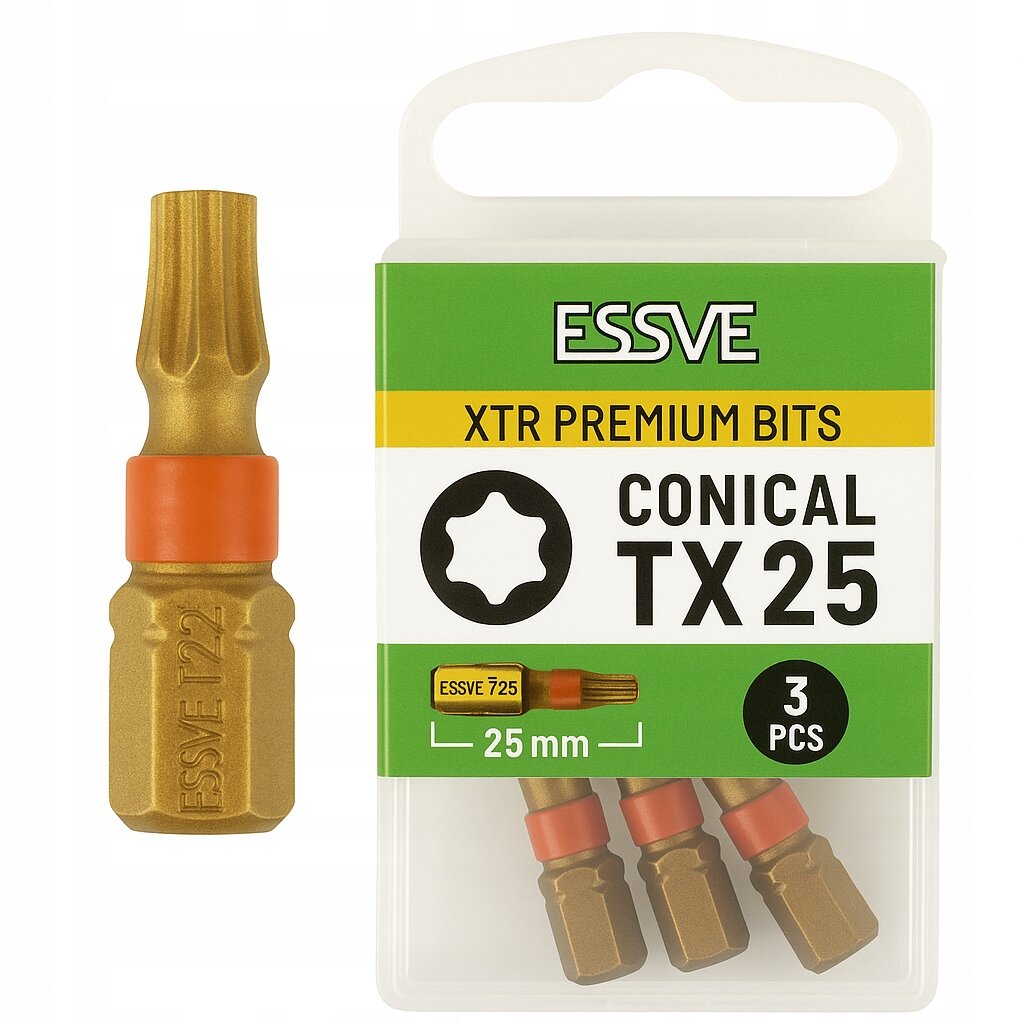 Opakowanie z trzema bitami Essve XTR Premium Bits Conical TX25 o długości 25 mm. Na opakowaniu widnieje logo \'ESSVE\' oraz napis \'XTR PREMIUM BITS CONICAL TX 25 3 PCS\'.