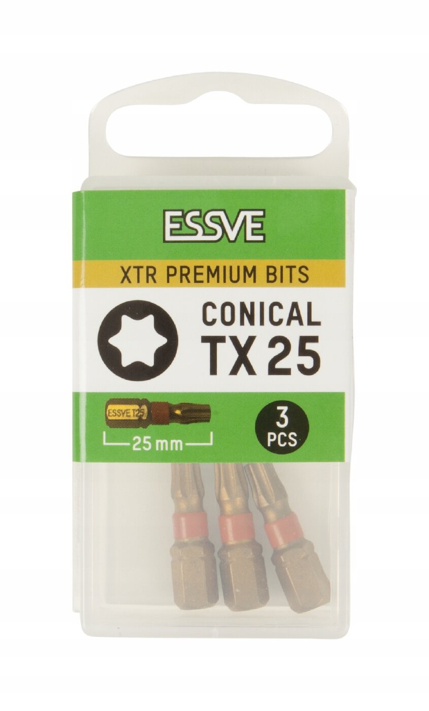 Opakowanie z trzema bitami o długości 25 mm, oznaczone jako ESSVE XTR Premium Bits Conical TX25. Na opakowaniu widnieje logo ESSVE oraz napis \'3 PCS\'.