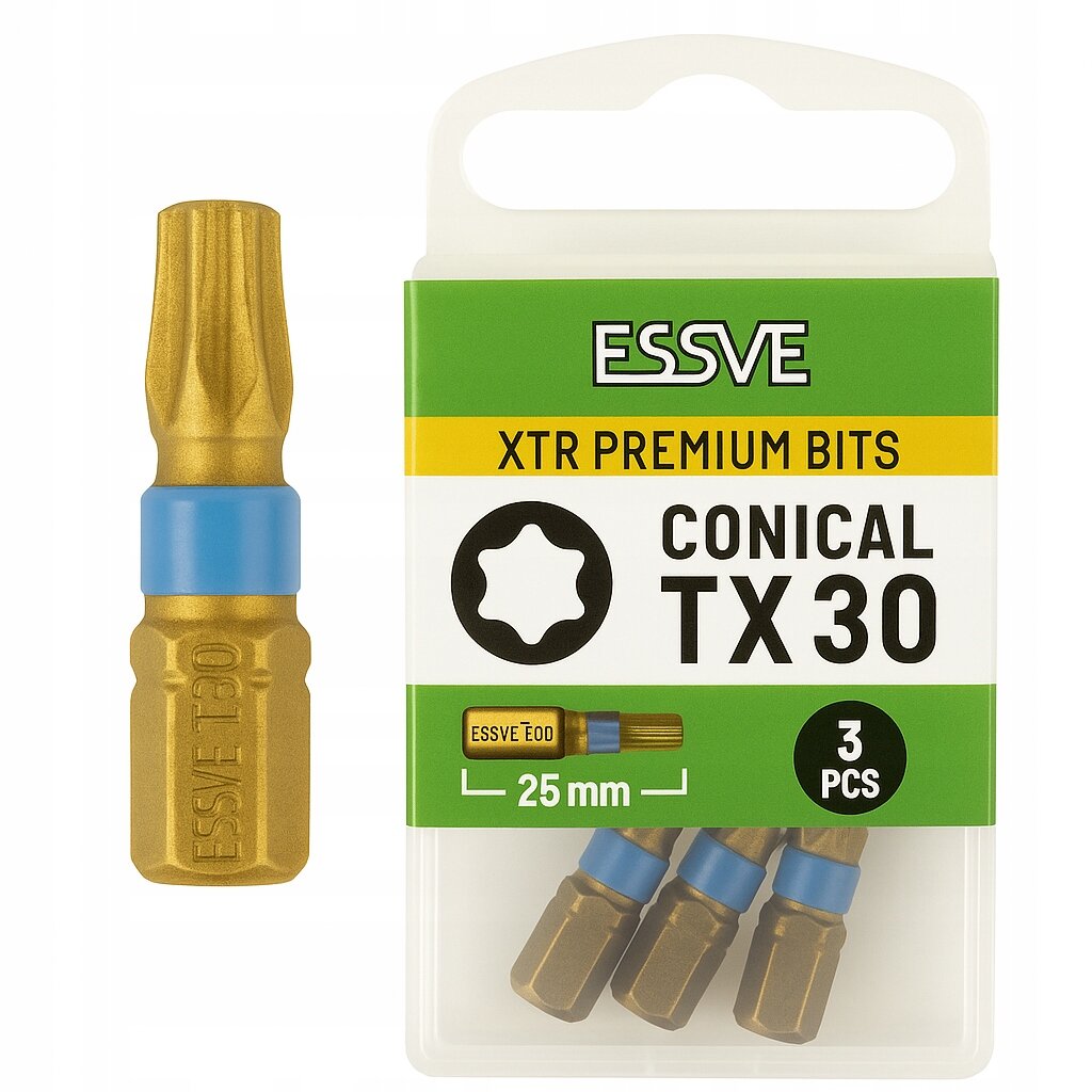 Na obrazie widoczny jest zestaw trzech krótkich bitów w opakowaniu z napisem \'ESSVE XTR PREMIUM BITS CONICAL TX30 25 mm 3 PCS\'. Bity mają złoty kolor z niebieskim pierścieniem, a opakowanie jest zielono-białe z przezroczystym uchwytem.