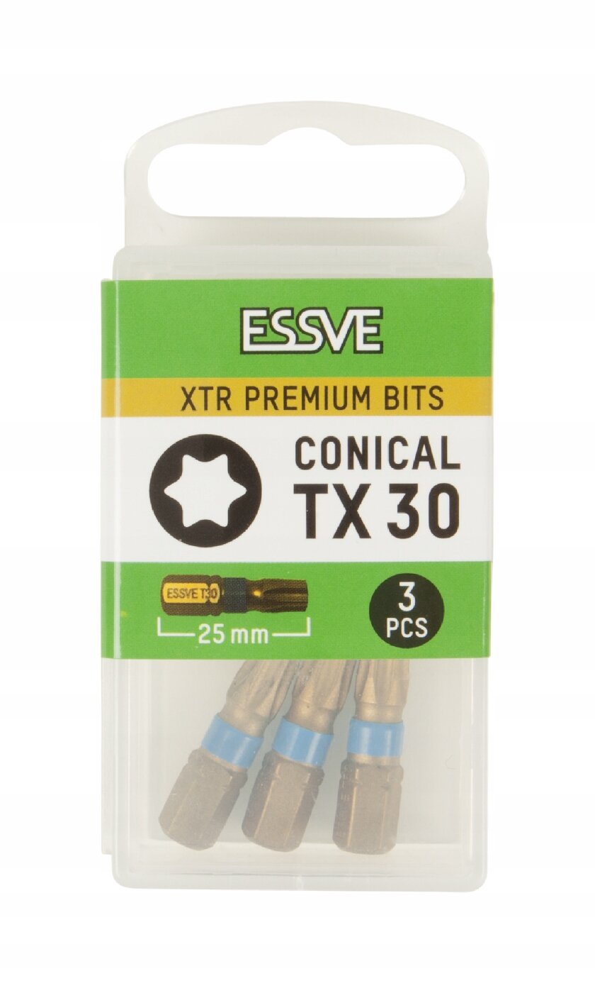 Opakowanie z trzema bitami Essve XTR Premium Bits Conical TX30 o długości 25 mm. Na opakowaniu widnieje logo Essve oraz napis \'XTR PREMIUM BITS CONICAL TX 30 3 PCS\'.