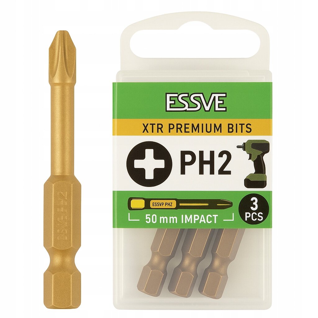 Na obrazie widoczny jest złoty bit oraz opakowanie z trzema bitami oznaczone logo ESSVE. Na opakowaniu znajduje się napis: \'XTR PREMIUM BITS PH2 50 mm IMPACT 3 PCS\'.