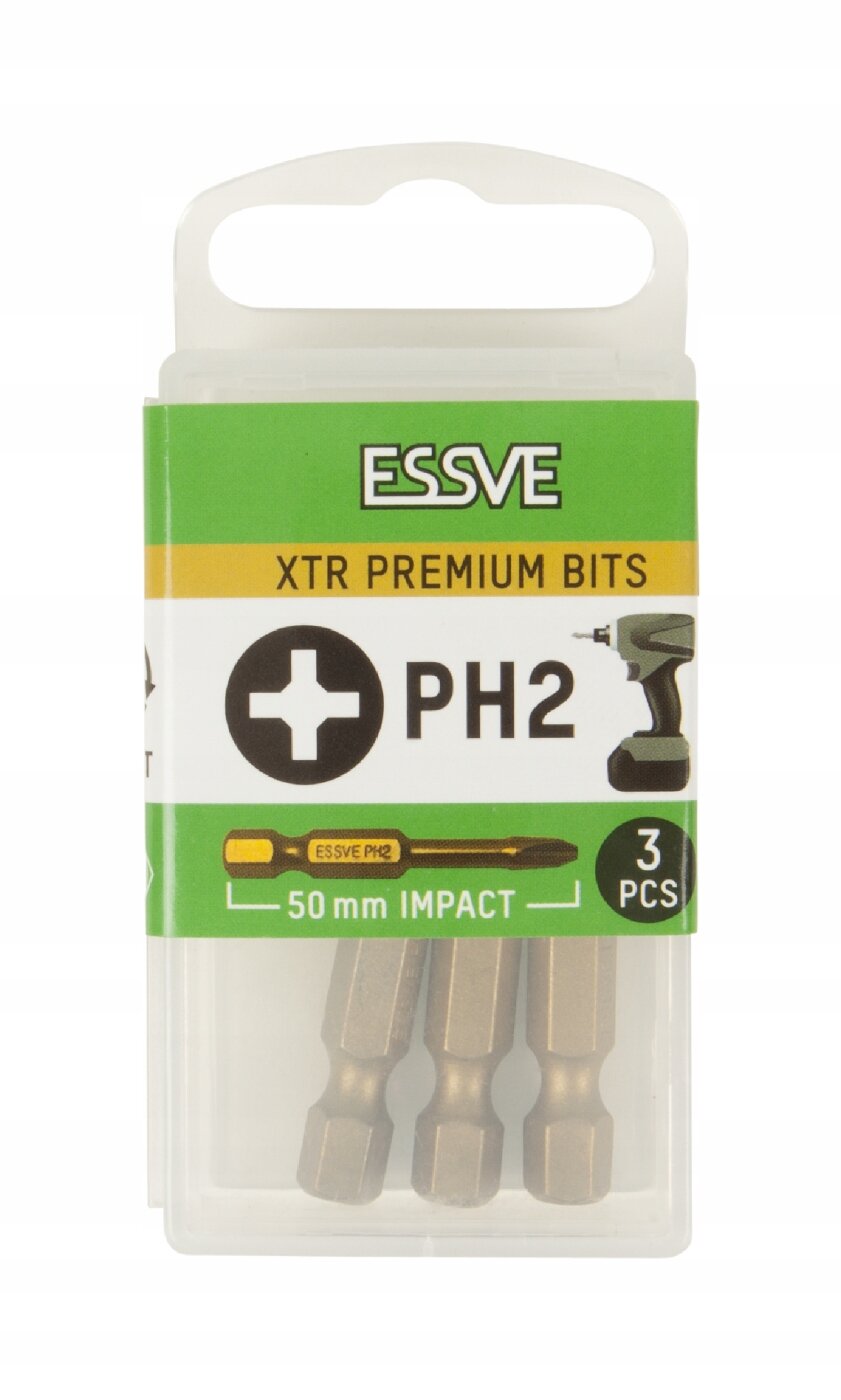 Opakowanie z trzema bitami udarowymi o długości 50 mm, oznaczone jako PH2. Na opakowaniu widnieje logo \'ESSVE\' oraz napisy \'XTR PREMIUM BITS\', \'50 mm IMPACT\', \'3 PCS\'.
