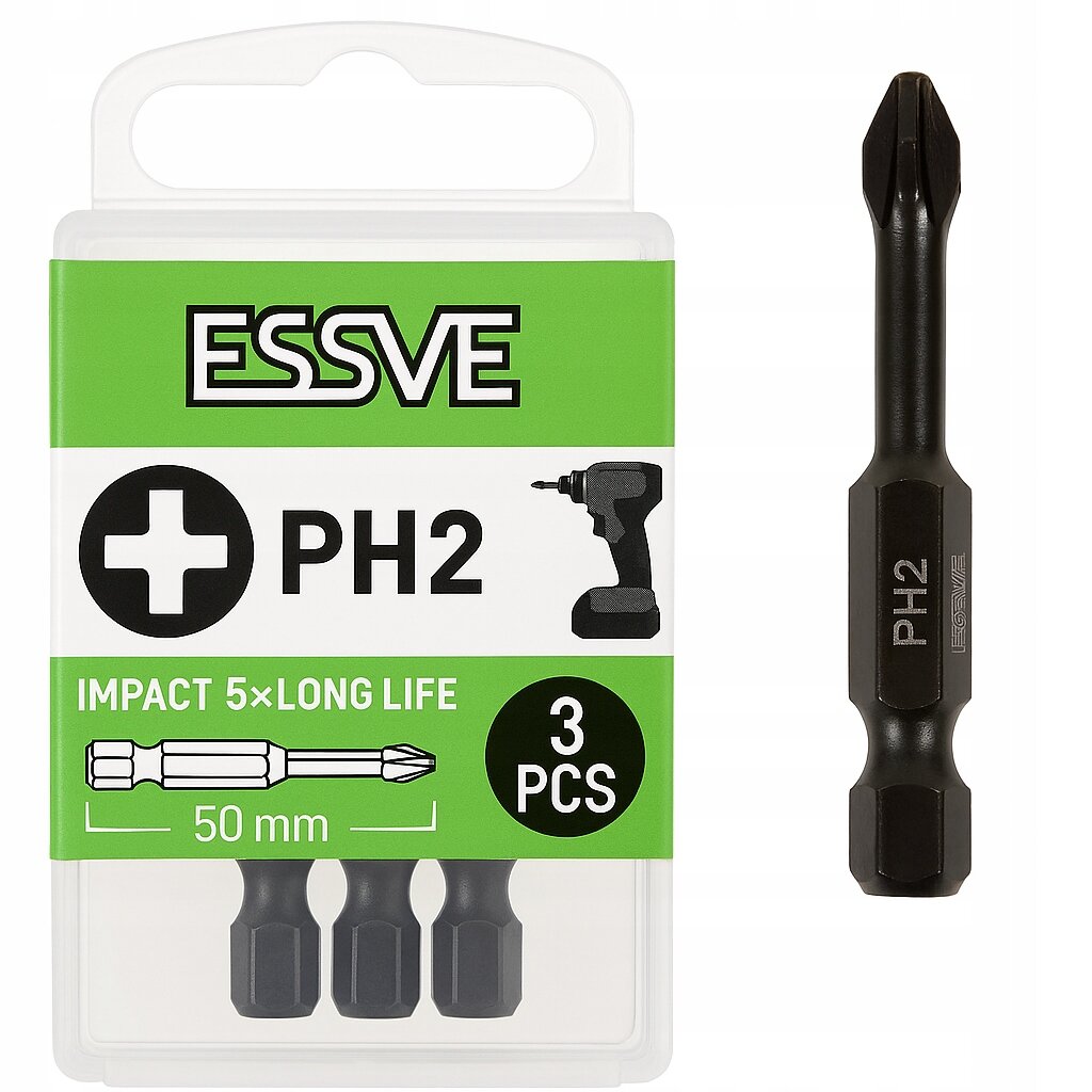 Opakowanie z trzema bitami Essve Impact PH2 o długości 50 mm, z napisem \'IMPACT 5x LONG LIFE\' oraz symbolem wkrętarki. Widoczny jest również pojedynczy bit z oznaczeniem \'PH2\'.