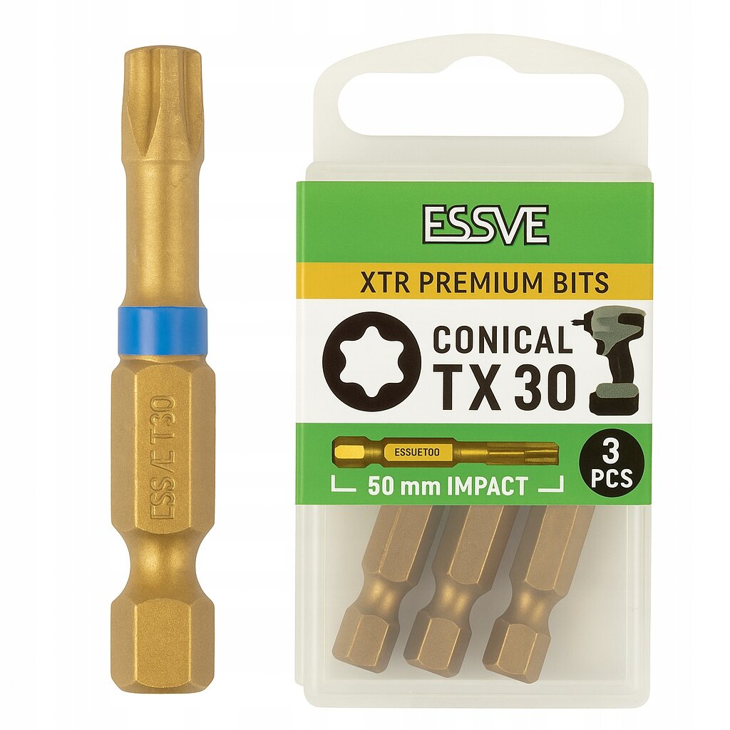 Na obrazie widoczne są bity w kolorze złotym z niebieskim pierścieniem, obok opakowanie z napisem \'ESSVE XTR PREMIUM BITS CONICAL TX 30 50 mm IMPACT 3 PCS\'.