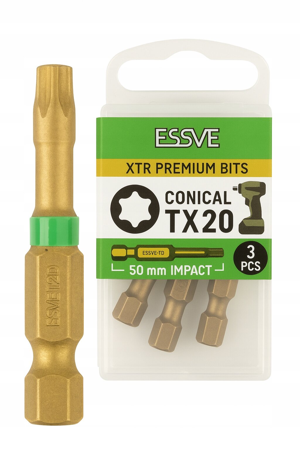 Na obrazie widoczny jest złoty bit z zielonym pierścieniem oraz opakowanie z trzema bitami. Na opakowaniu znajduje się tekst: \'ESSVE XTR PREMIUM BITS CONICAL TX20 50 mm IMPACT 3 PCS\'.
