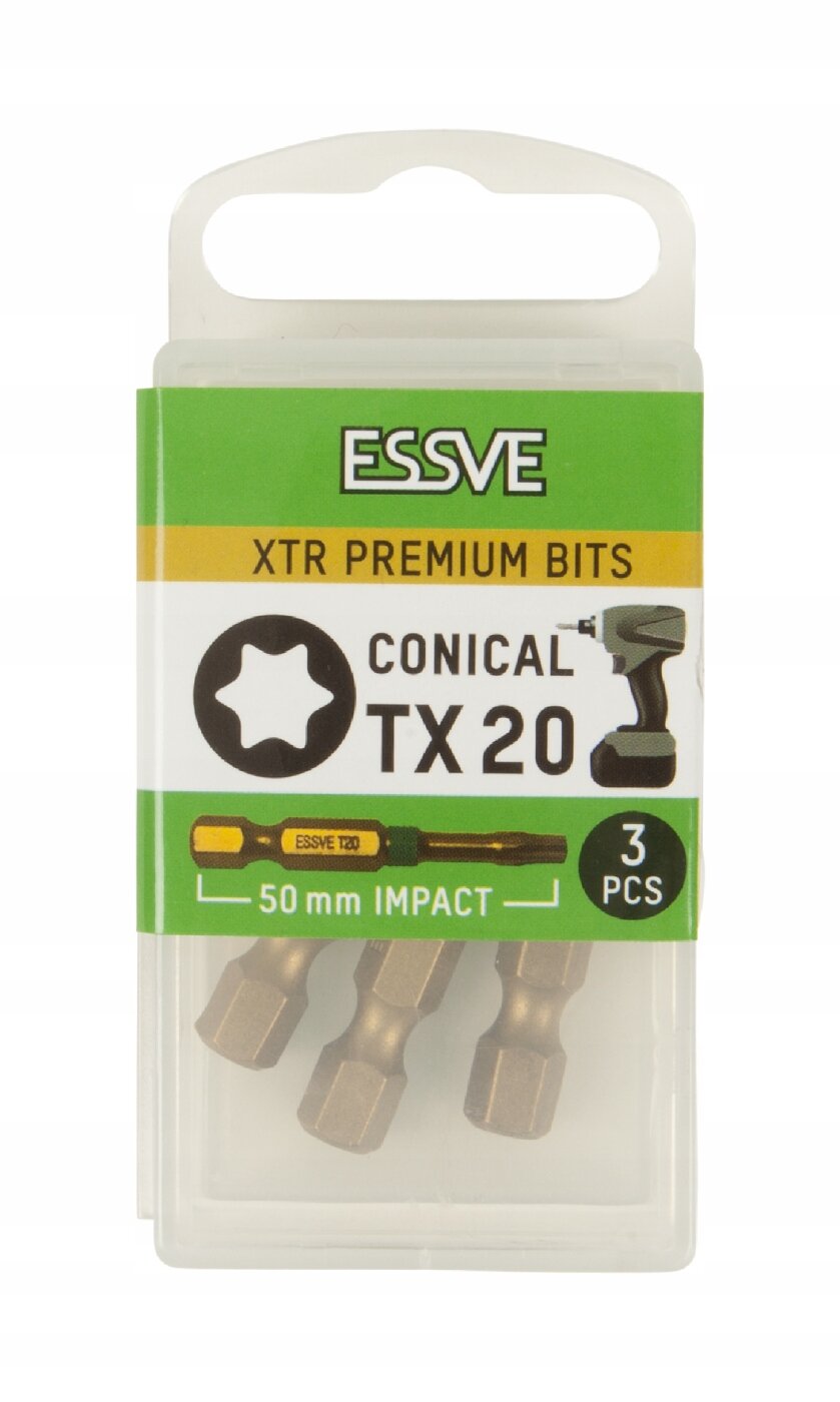 Opakowanie z trzema bitami o długości 50 mm, oznaczone jako \'ESSVE XTR Premium Bits Conical TX20\'. Widoczne są grafiki przedstawiające bit oraz wiertarkę, a także tekst \'50 mm Impact\' i \'3 PCS\'.