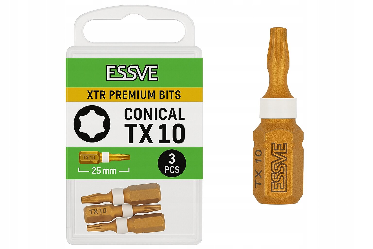 Opakowanie zawiera trzy krótkie bity Essve XTR Premium o długości 25 mm, oznaczone jako TX10. Na opakowaniu widnieje napis: \'ESSVE XTR PREMIUM BITS CONICAL TX10 3 PCS\'.