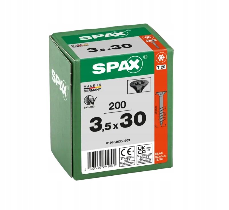 Opakowanie wkrętów do drewna marki SPAX o wymiarach 3,5x30 mm, zawierające 200 sztuk. Na opakowaniu widoczne są informacje: \'MADE IN GERMANY\', \'T 20\', oraz kod kreskowy 4003530291807.