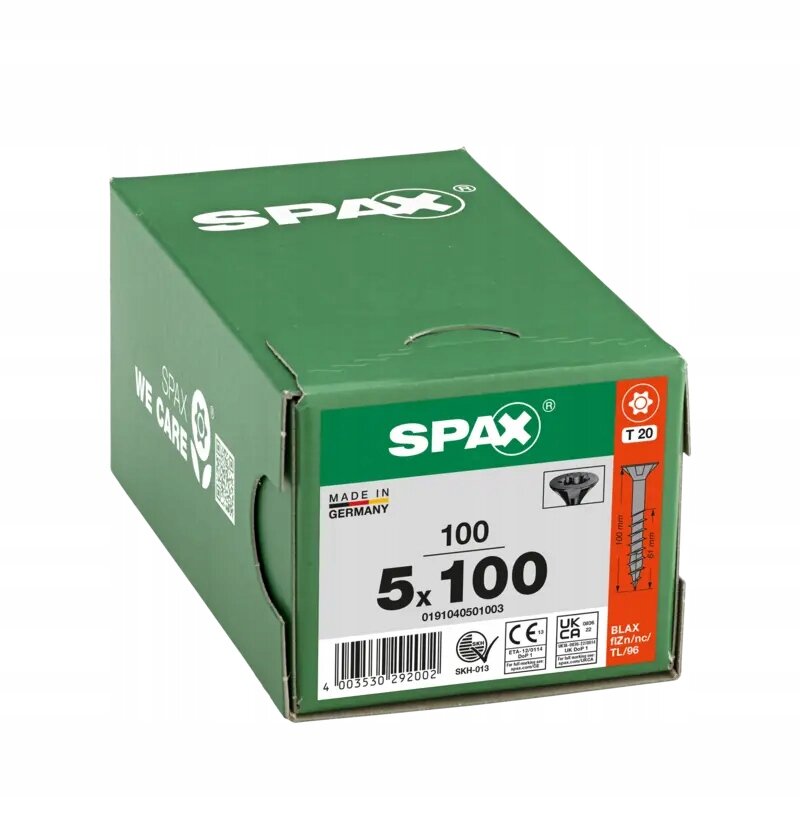 Zielone pudełko z logo SPAX zawiera 200 wkrętów o wymiarach 5x50 mm, wyprodukowanych w Niemczech. Na pudełku widoczne są oznaczenia CE, UKCA oraz kod kreskowy 4003530291975.