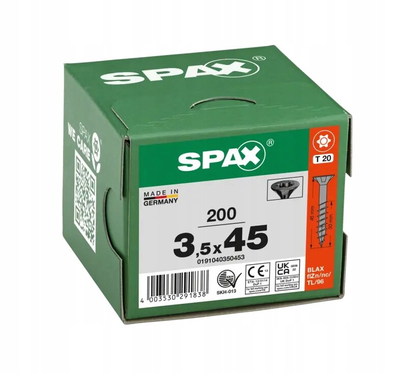 Zielone pudełko z logo SPAX zawiera 200 wkrętów o wymiarach 3,5x45 mm. Na etykiecie widnieje napis \'MADE IN GERMANY\' oraz kod kreskowy 4003530291838.