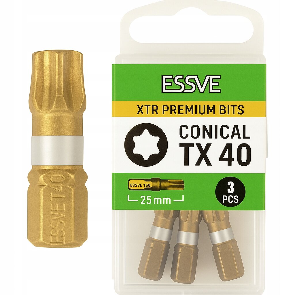 Opakowanie z trzema złotymi bitami o długości 25 mm, oznaczone jako \'ESSVE XTR PREMIUM BITS CONICAL TX 40\'.