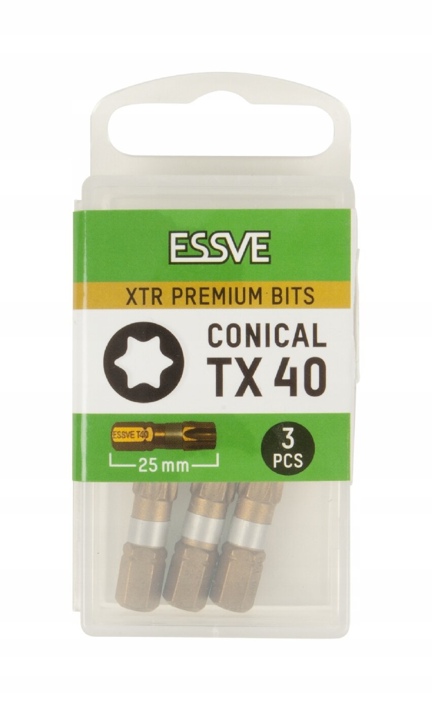 Opakowanie zawiera trzy krótkie bity Essve XTR Premium o oznaczeniu TX 40, długości 25 mm. Na opakowaniu widnieje logo \'ESSVE\' oraz napis \'CONICAL TX 40\'.