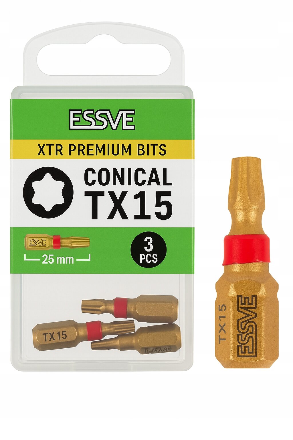 Opakowanie zawiera trzy krótkie bity Essve XTR Premium Bits Conical TX15 o długości 25 mm, w kolorze złotym z czerwonymi akcentami. Na opakowaniu widnieje logo \'ESSVE\' oraz napis \'XTR PREMIUM BITS CONICAL TX15 3 PCS\'.