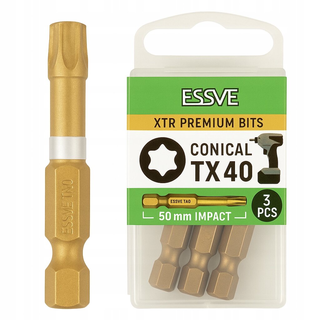 Na obrazie widoczny jest złoty bit o stożkowym kształcie oraz opakowanie z trzema bitami. Na opakowaniu znajduje się tekst: \'ESSVE XTR PREMIUM BITS CONICAL TX40 50 mm IMPACT 3 PCS\'.