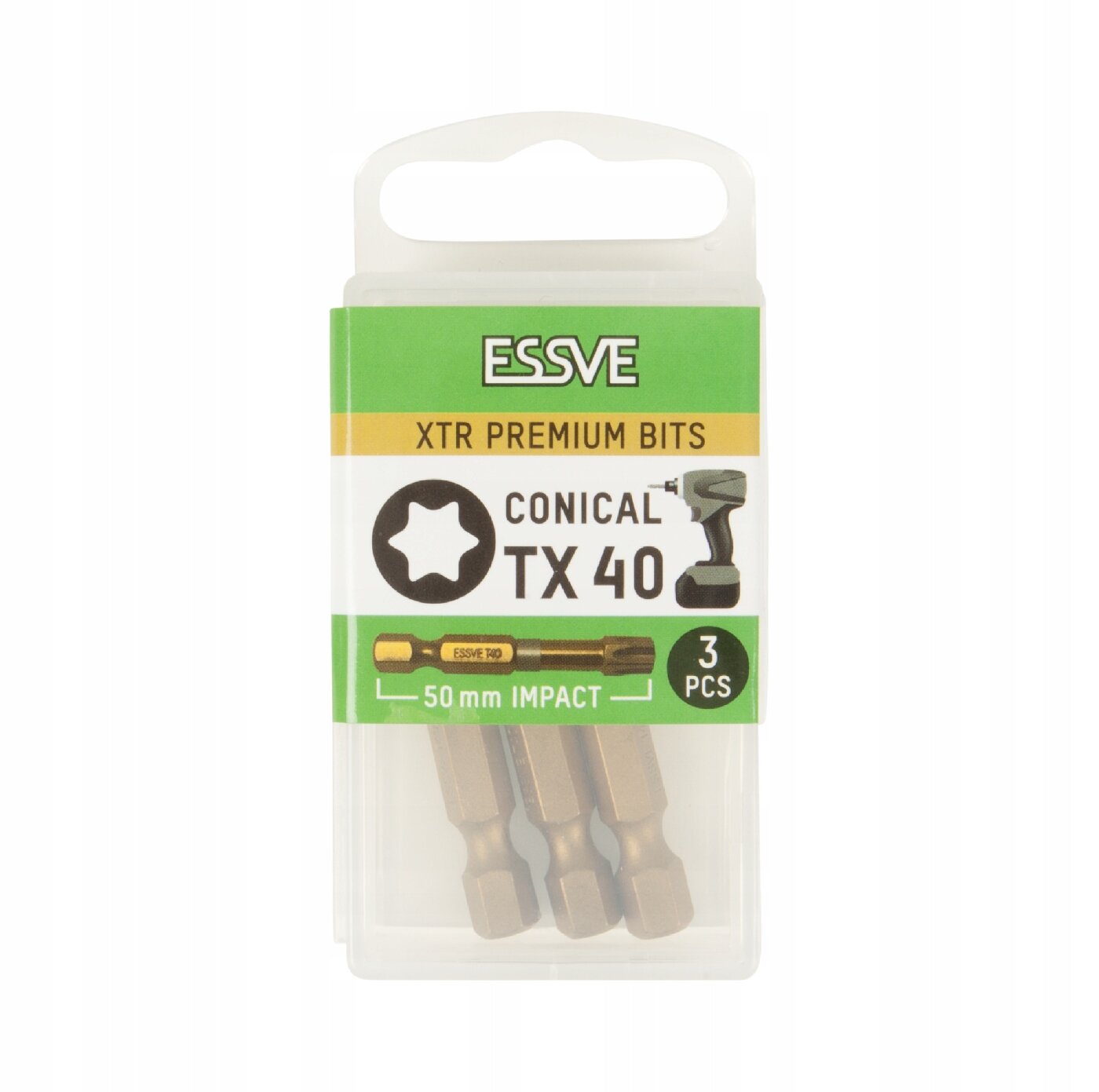 Opakowanie zawiera trzy bity o długości 50 mm, oznaczone jako \'ESSVE XTR Premium Bits Conical TX 40\'. Na opakowaniu widnieje napis \'50 mm IMPACT\' oraz \'3 PCS\'.