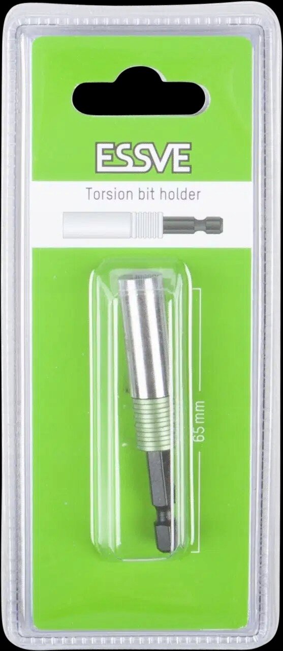 Opakowanie z uchwytem do bitów Essve Quick Release Slim 65 mm, z widocznym logo \'ESSVE\' i napisem \'Torsion bit holder\'.