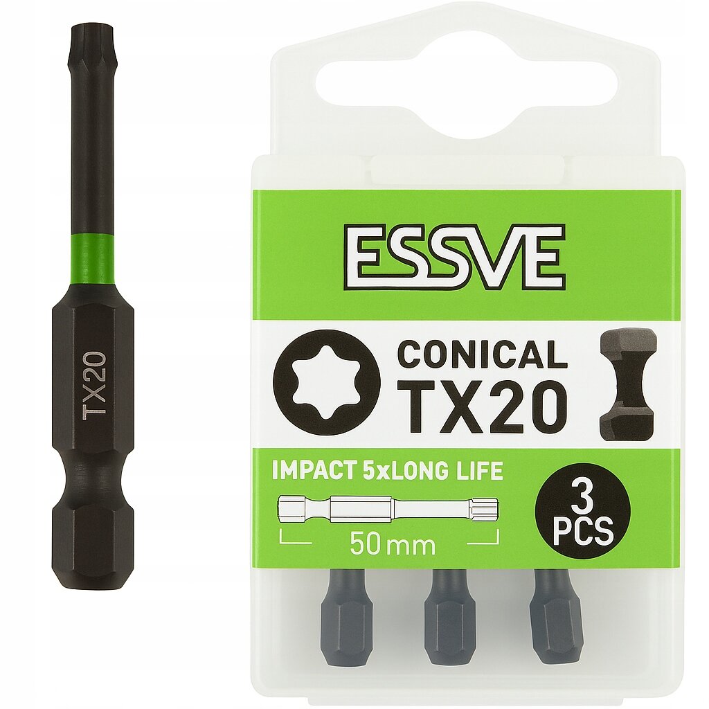 Opakowanie zawiera trzy stożkowe bity o długości 50 mm oznaczone jako TX20. Na opakowaniu widnieje logo \'ESSVE\' oraz napisy \'CONICAL TX20\', \'IMPACT 5x LONG LIFE\', \'3 PCS\'.