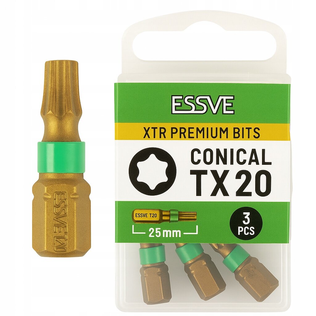 Opakowanie z trzema złotymi bitami o długości 25 mm, oznaczone jako ESSVE XTR Premium Bits Conical TX20. Na opakowaniu widnieje logo ESSVE oraz napis \'3 PCS\'.