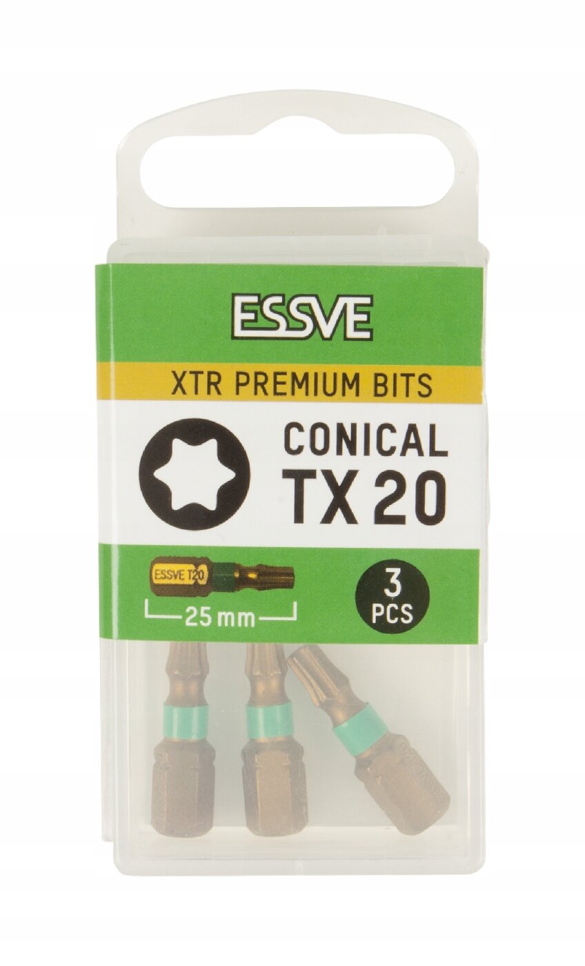 Opakowanie zawiera trzy bity Essve XTR Premium Bits Conical TX20 o długości 25 mm. Na opakowaniu widnieje logo \'ESSVE\' oraz napis \'3 PCS\'.
