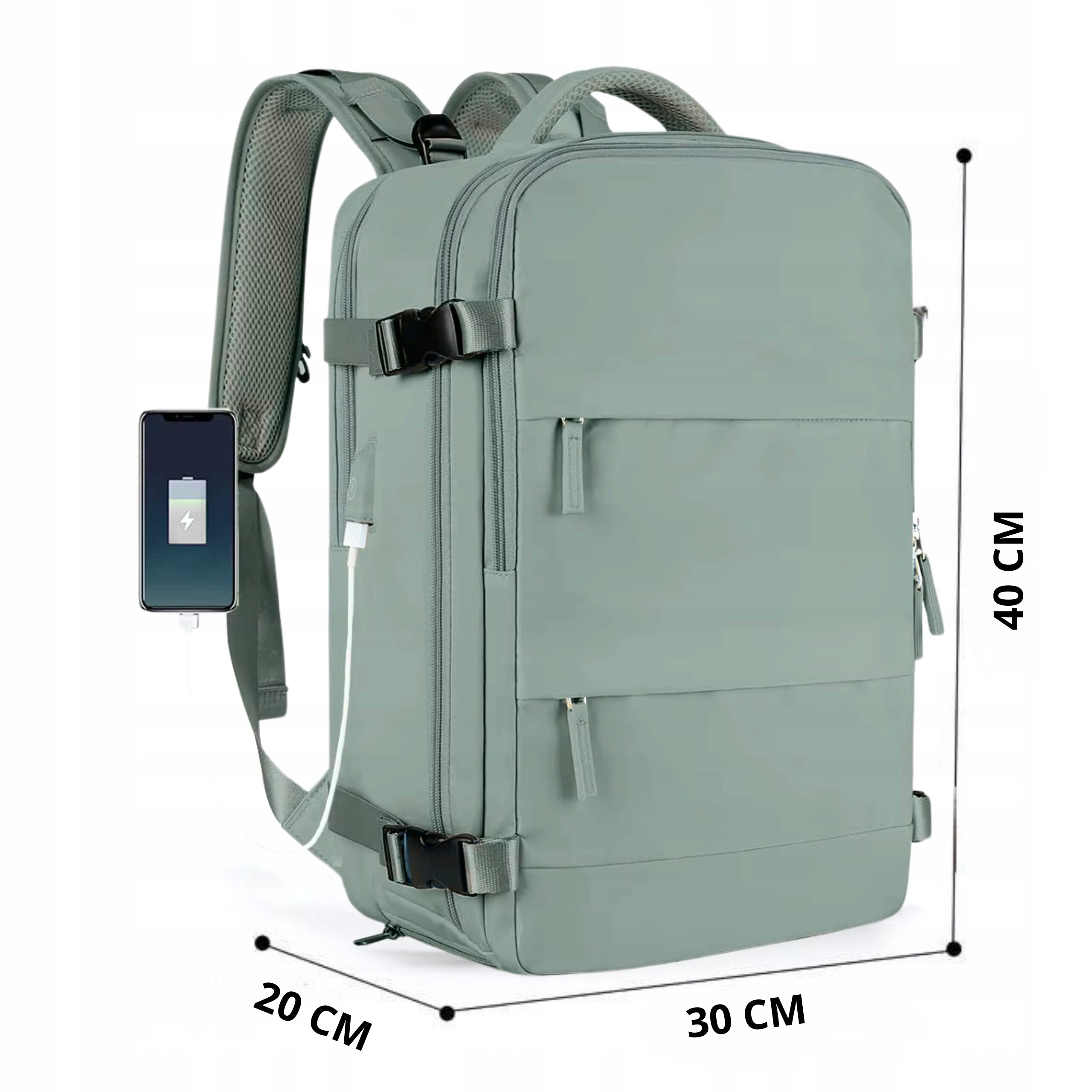 Szary plecak podróżny z kilkoma kieszeniami i paskami, z podłączonym kablem USB do telefonu. Wymiary plecaka to 40 cm wysokości, 30 cm szerokości i 20 cm głębokości.