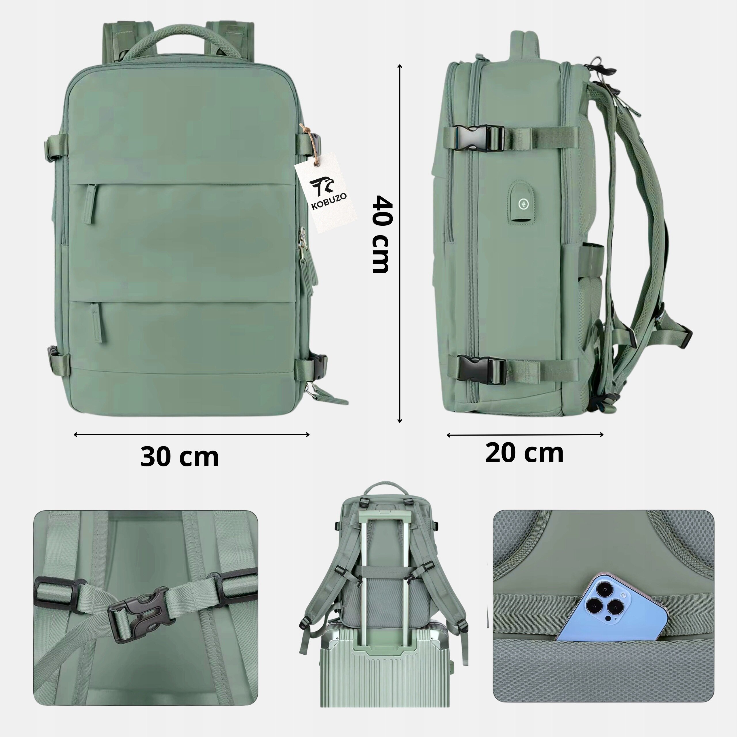 Obraz przedstawia zielony plecak podróżny z wymiarami 40x30x20 cm, z widoczną zawieszką z napisem \'Kobuzo\'. Plecak ma kilka kieszeni i regulowane paski, a na jednym ze zdjęć widać telefon w kieszeni plecaka.