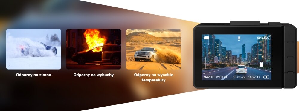 Obraz przedstawia trzy zdjęcia z podpisami: \'Odporny na zimno\', \'Odporny na wybuchy\', \'Odporny na wysokie temperatury\', oraz wideorejestrator z ekranem pokazującym miasto nocą i tekstem \'NAVITEL R900 4K\'.