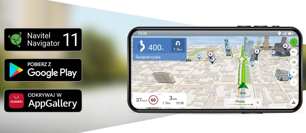 Obraz przedstawia ekran nawigacji z mapą 3D, na której widoczne są budynki i trasa. Po lewej stronie znajdują się logotypy i teksty: \'Navitel Navigator 11\', \'POBIERZ Z Google Play\', \'ODKRYWAJ W AppGallery\'.