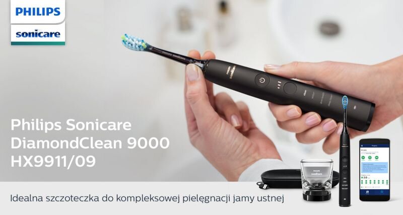 Obraz przedstawia czarną szczoteczkę soniczną trzymaną w dłoni, z widocznym logo Philips Sonicare. Na dole znajduje się tekst: \'Philips Sonicare DiamondClean 9000 HX9911/09\' oraz \'Idealna szczoteczka do kompleksowej pielęgnacji jamy ustnej\'.