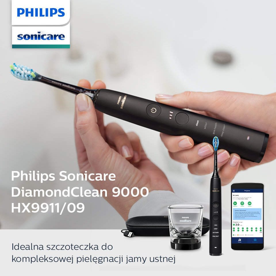 Obraz przedstawia czarną szczoteczkę soniczną z logo PHILIPS Sonicare, trzymaną w dłoniach. Widoczny jest również tekst: \'Philips Sonicare DiamondClean 9000 HX9911/09\' oraz \'Idealna szczoteczka do kompleksowej pielęgnacji jamy ustnej\'.