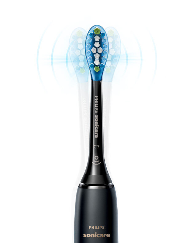 Szczoteczka soniczna z czarną rączką i niebieską główką, na której widoczne są sześciokątne włosie. Na rączce widnieje napis \'PHILIPS Sonicare C3\'.
