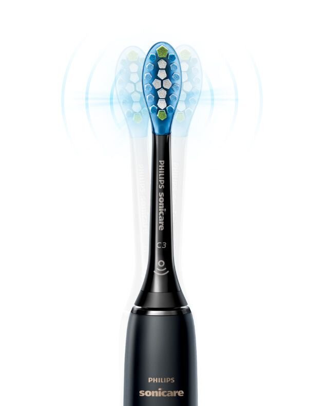 Szczoteczka soniczna z czarną rączką i niebieską główką z białymi i zielonymi włoskami. Widoczny tekst: \'PHILIPS Sonicare C3\'.