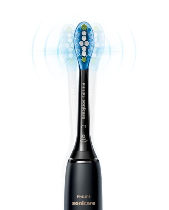 Szczoteczka soniczna z niebieską główką i białymi oraz zielonymi elementami na włosiu. Na rączce widoczny jest napis \'PHILIPS sonicare\'.