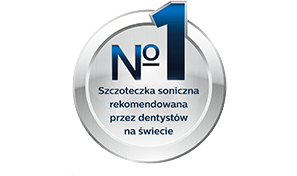 Okrągły emblemat z dużą cyfrą \'1\' i tekstem: \'Szczoteczka soniczna rekomendowana przez dentystów na świecie\'.