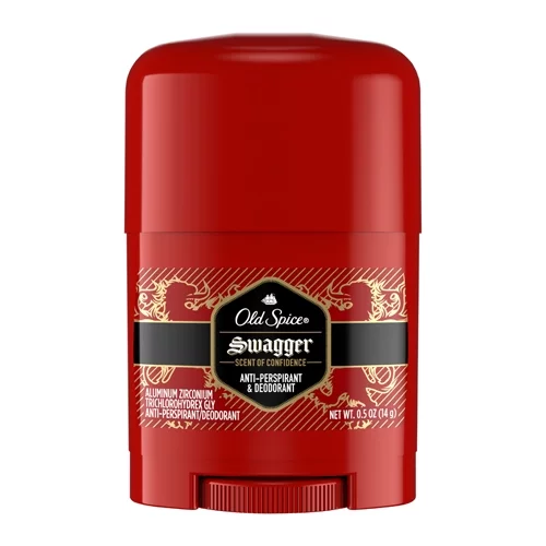 Czerwony pojemnik na antyperspirant z etykietą zawierającą tekst: \'Old Spice Swagger Scent of Confidence Anti-Perspirant & Deodorant\'.