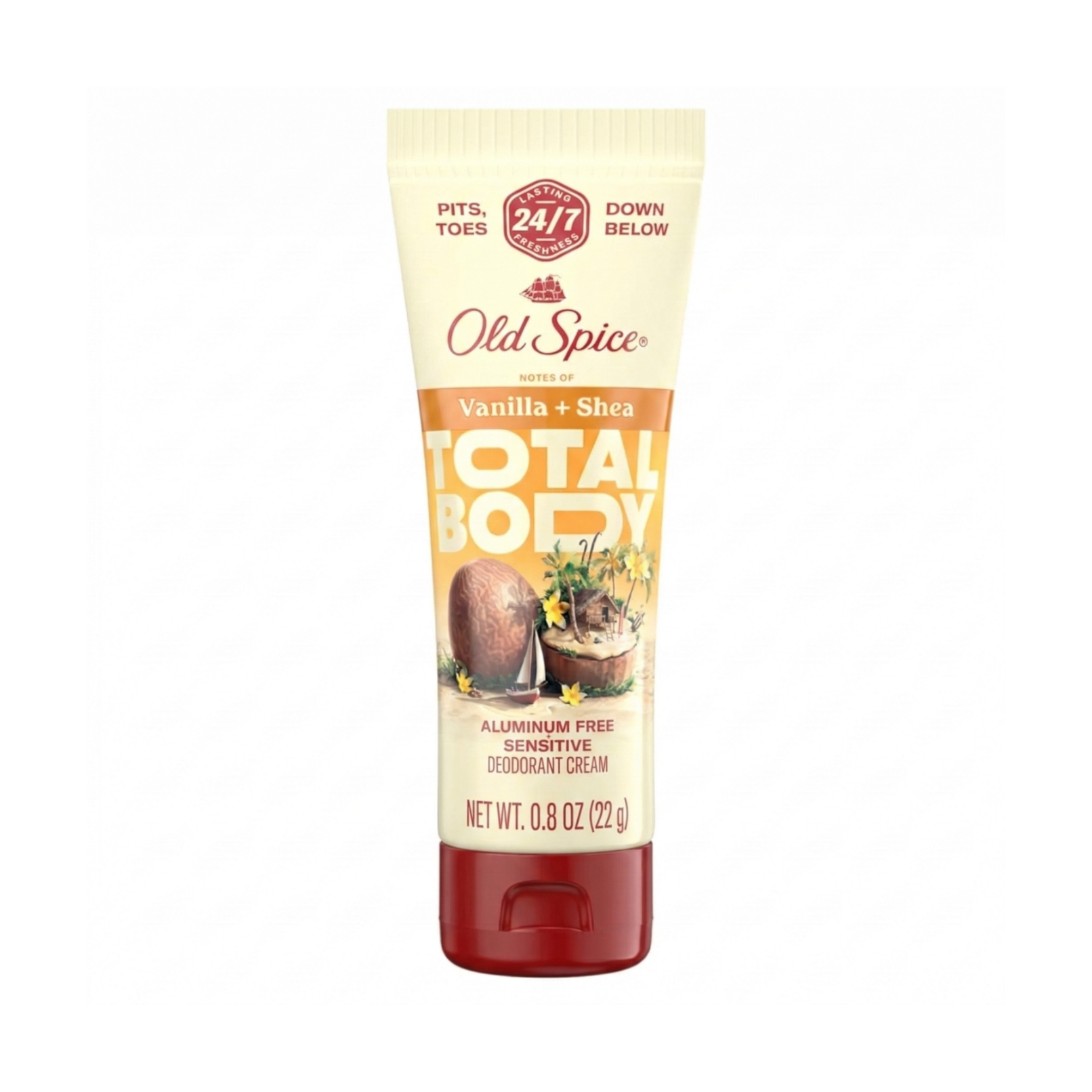 Opakowanie dezodorantu w kremie Old Spice o zapachu wanilii i masła shea, 22 g. Na opakowaniu widnieje napis: \'PITS, TOES, DOWN BELOW\', \'LASTING 24/7 FRESHNESS\', \'TOTAL BODY\', \'ALUMINUM FREE SENSITIVE DEODORANT CREAM\'.