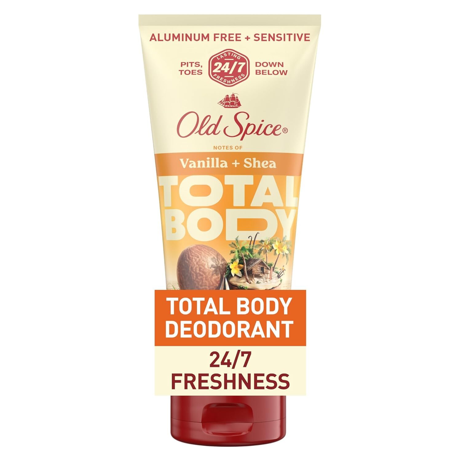 Opakowanie dezodorantu Old Spice z napisem \'Vanilla + Shea TOTAL BODY\'. Widoczny jest również tekst \'TOTAL BODY DEODORANT 24/7 FRESHNESS\'.