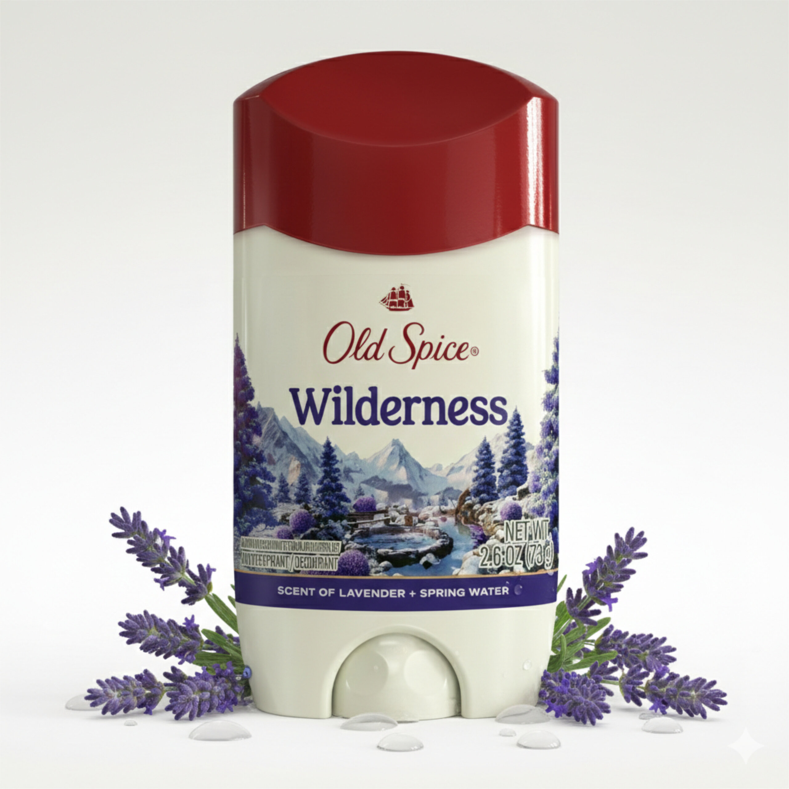 Dezodorant w sztyfcie marki Old Spice o nazwie Wilderness, z motywem górskim i lawendą na opakowaniu. Widoczny tekst: \'Old Spice Wilderness NET WT 2.6 OZ (73 g) SCENT OF LAVENDER + SPRING WATER\'.