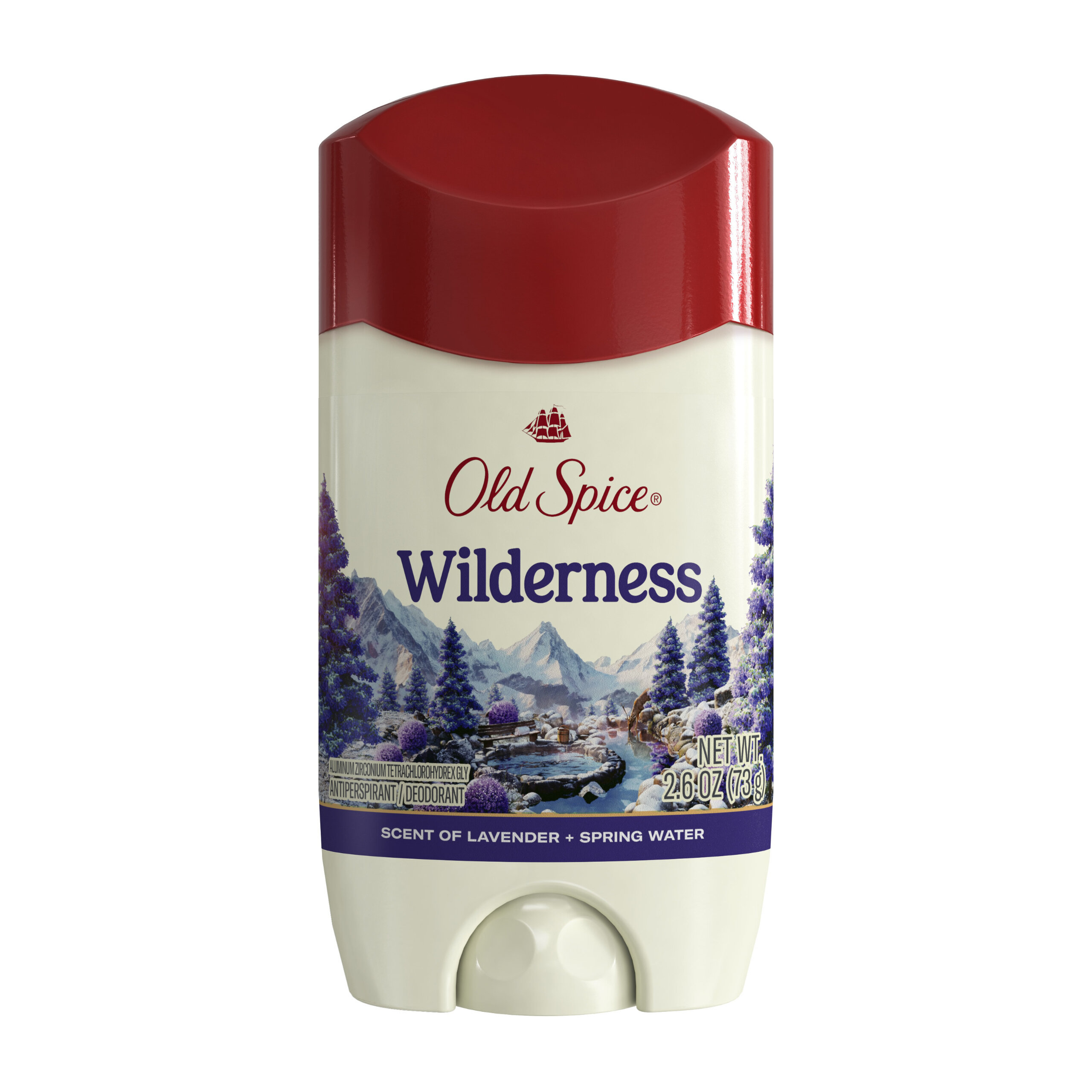 Dezodorant w sztyfcie marki Old Spice o nazwie Wilderness, z motywem górskim i lasem na etykiecie. Zawiera napis: \'Scent of Lavender + Spring Water\', waga netto 73g (2.6 oz).