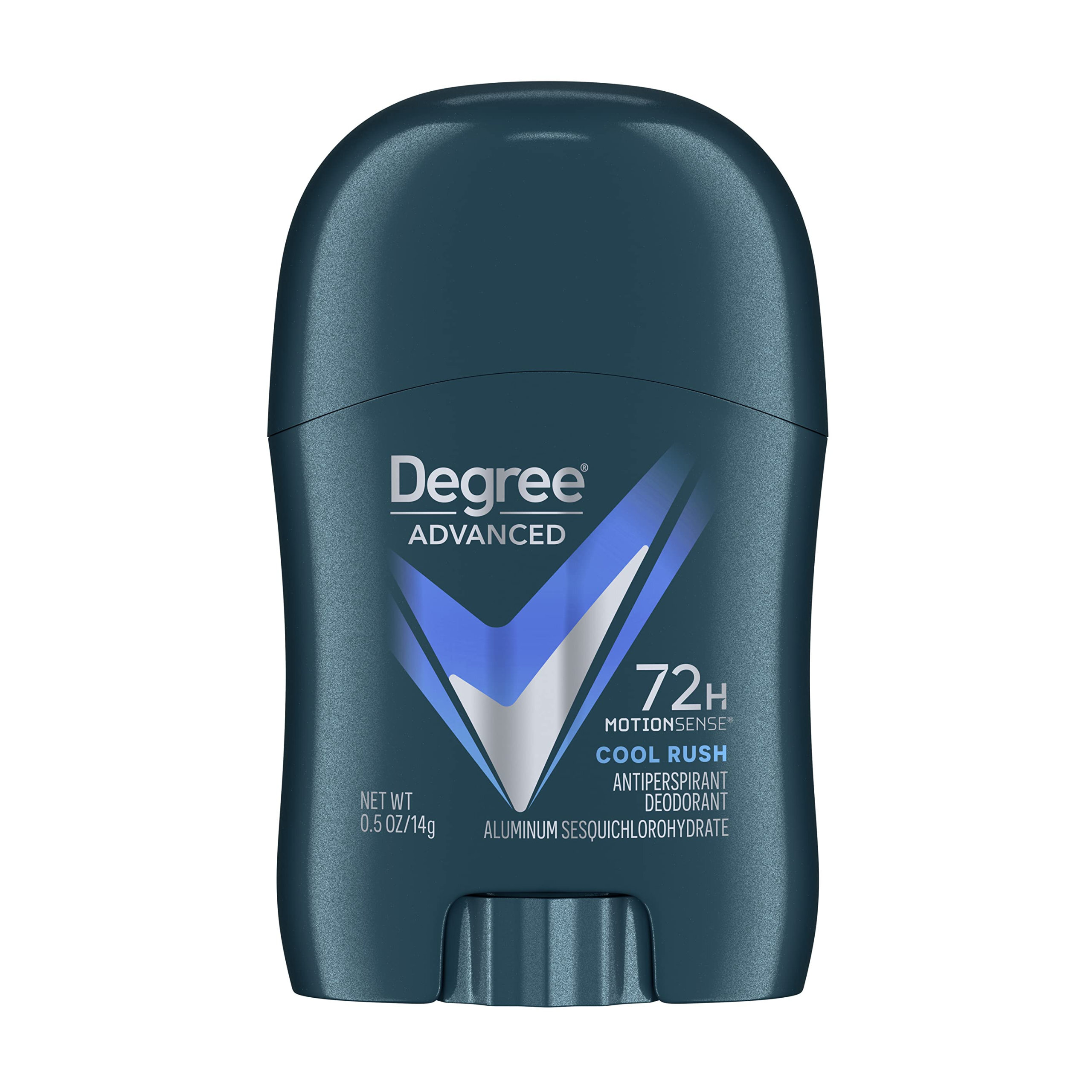 Antyperspirant w sztyfcie o ciemnoniebieskim opakowaniu z napisem \'Degree Advanced 72H MotionSense Cool Rush\'.