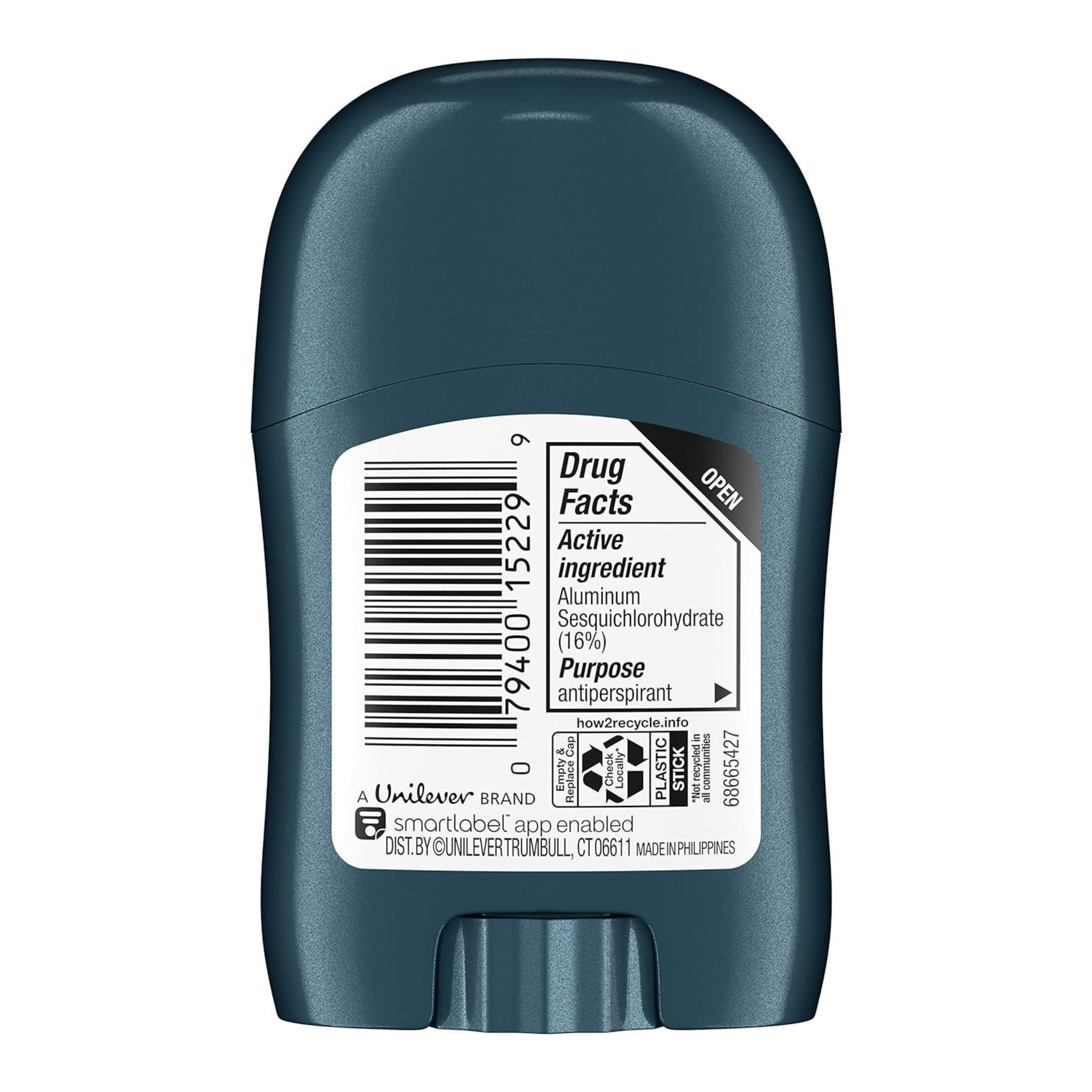 Opakowanie antyperspirantu w sztyfcie z widoczną etykietą zawierającą informacje o składniku aktywnym: Aluminium Sesquichlorohydrate (16%) oraz kod kreskowy. Na etykiecie znajduje się również logo \'A Unilever Brand\' i informacje o recyklingu.