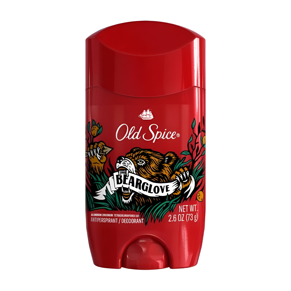 Czerwony dezodorant w sztyfcie z logo Old Spice i grafiką niedźwiedzia z napisem \'BEARGLOVE\'. Pojemność produktu to 73 g (2.6 oz).