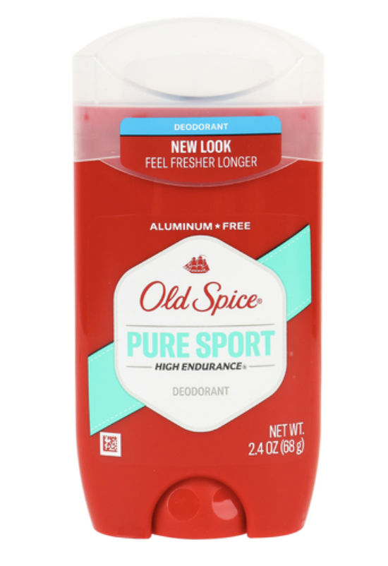 Czerwony sztyft dezodorantu z etykietą \'Old Spice Pure Sport High Endurance\'. Na opakowaniu widnieje napis \'Aluminum Free\' oraz \'Net Wt. 2.4 oz (68 g)\'.