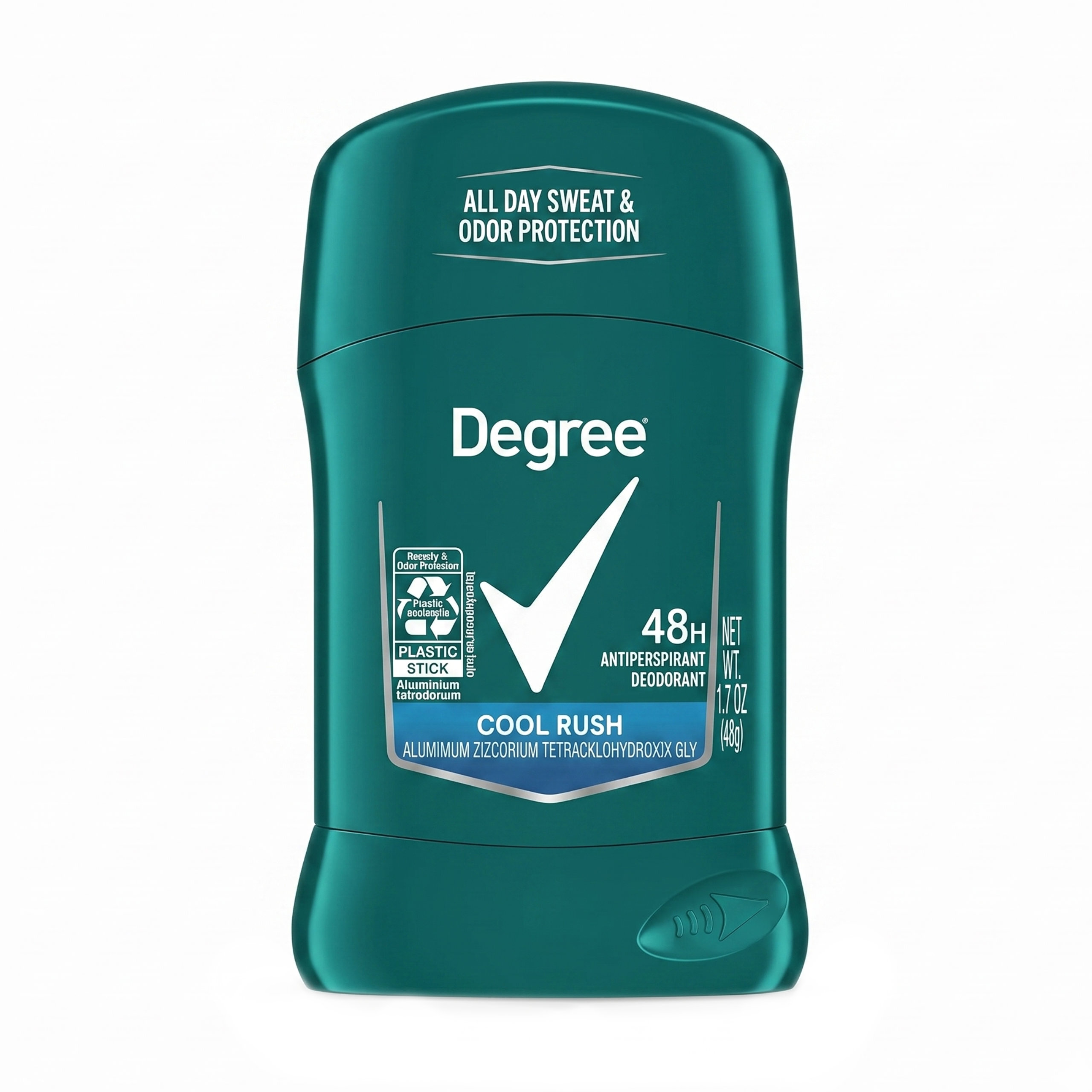 Zielony sztyft antyperspirantu z napisem \'Degree\' i dużym białym znakiem. Na opakowaniu widnieje tekst: \'ALL DAY SWEAT & ODOR PROTECTION\', \'48H ANTIPERSPIRANT DEODORANT\', \'COOL RUSH\', \'ALUMINUM ZIRCONIUM TETRACHLOROHYDROXX GLY\', \'NET WT. 1.7 OZ (48g)\'.