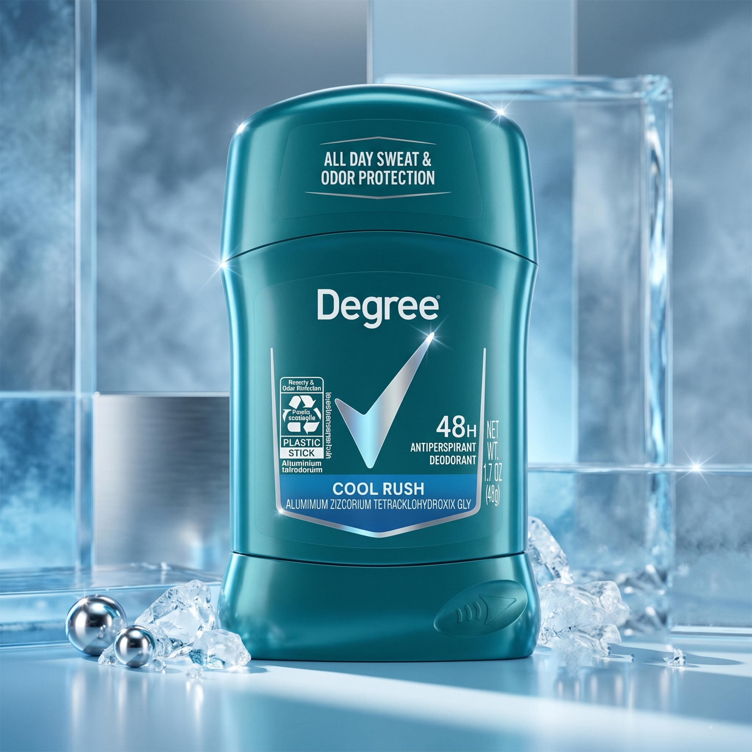 Antyperspirant w sztyfcie marki Degree o nazwie Cool Rush, z napisem \'ALL DAY SWEAT & ODOR PROTECTION\'. Widoczne są również informacje \'48H ANTIPERSPIRANT DEODORANT\' oraz \'NET WT 1.7 OZ (48g)\'.