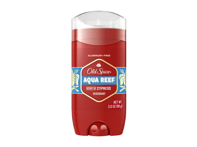 Czerwony dezodorant w sztyfcie marki Old Spice z etykietą \'Aqua Reef Scent of Cypress\'. Na opakowaniu widnieje napis \'Aluminum Free\' oraz \'Net Wt. 3.0 oz (85 g)\'.