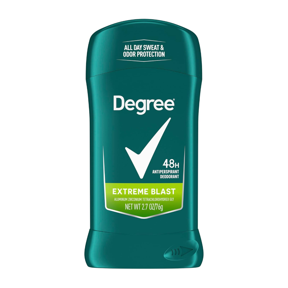 Opakowanie antyperspirantu w sztyfcie z napisem \'Degree\' oraz \'48H Antiperspirant Deodorant\'. Widoczny jest również napis \'Extreme Blast\' oraz informacja o wadze \'NET WT 2.7 OZ (76g)\'.