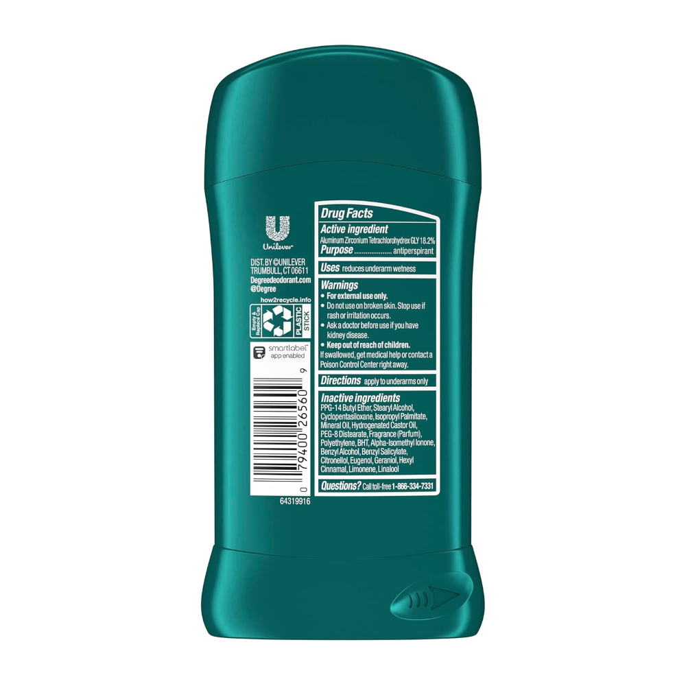 Zielony sztyft antyperspirantu z widocznymi informacjami o składnikach i ostrzeżeniami na etykiecie. Logo producenta to Unilever.