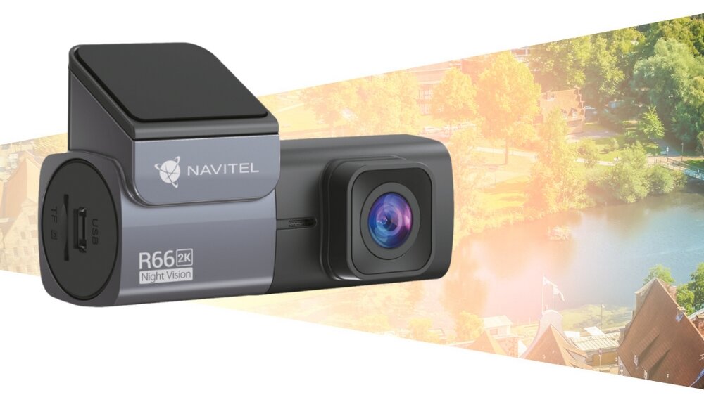 Na obrazie widoczny jest wideorejestrator z logo NAVITEL oraz napisami \'R66 2K\' i \'Night Vision\'. Urządzenie ma obiektyw kamery i porty oznaczone jako \'USB\' i \'TF\'.